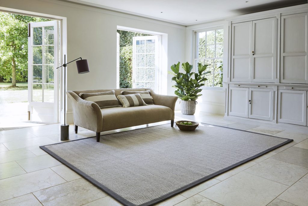Natural Weave Herringbone Grey with Linen Vole border rug