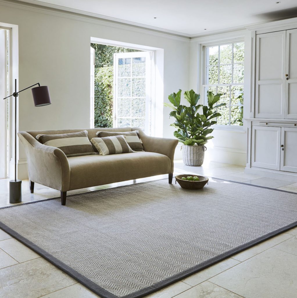 Natural Weave Herringbone Grey with Linen Vole border rug by Jacaranda