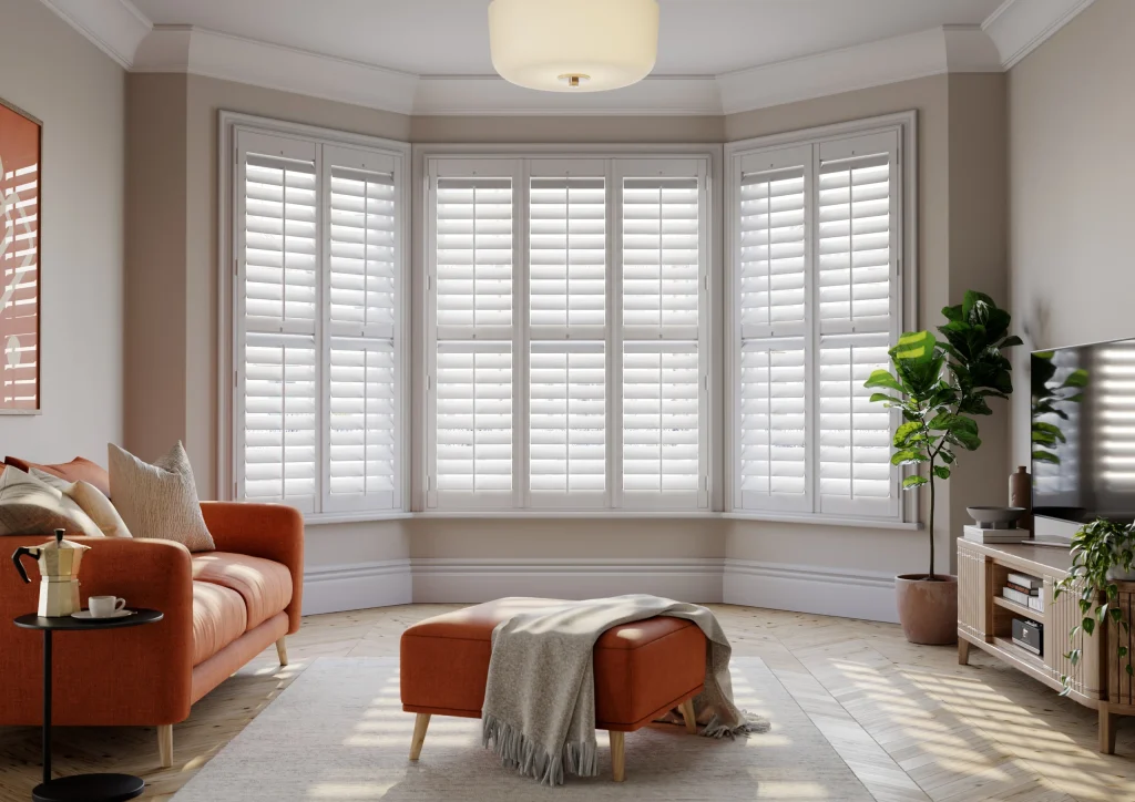 Full height snow white living room shutters